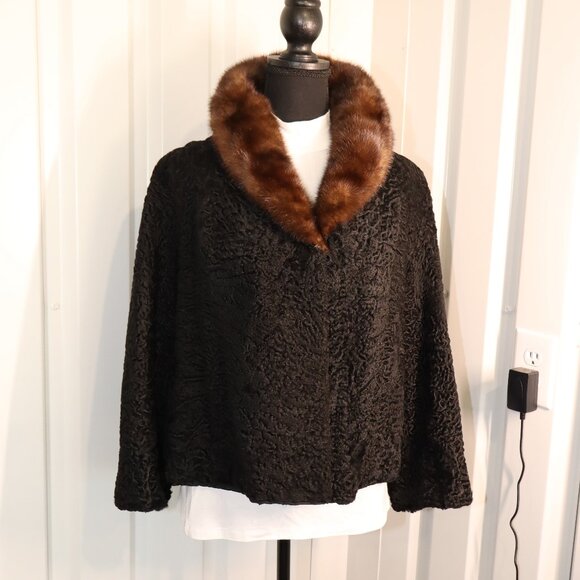 Vintage 50s 60s Black Curly Lamb with Brown Mink Collar Real Fur Coat Size Med - Picture 1 of 10
